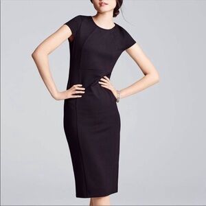 FELICITY & COCO Black Cap Sleeve Sheath Dress Gold Zip Back Career Midi L